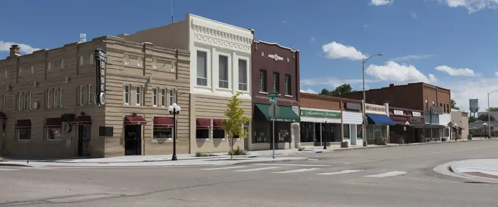 Historic brick storefronts on Main Street in Fowler, Colorado